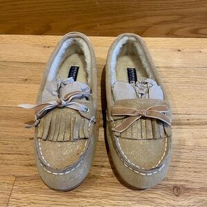 Sperry Top-Sider Women's Sz 8M Flat Moccasins Slippers Shoes Faux Fur Gold